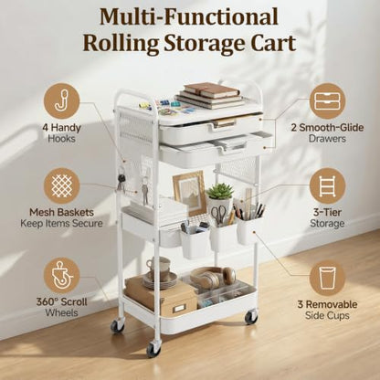 3 Tier Rolling Cart with 2 Drawers, Metal Utility Storage Carts with Wheels | Kitchen Rolling Cart 4.5" Deep Basket, Mesh Side Panel with 3 Cups, 4 Hooks for Office, Bedside, Craft Storage Cart - color: White