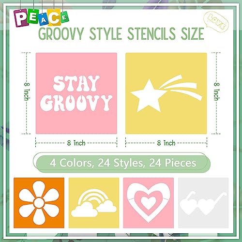 Henoyso 24 Pcs Boho Groovy Peace Stencil for Kids 8 Inch Reusable Templates | Plastic, Drawing Painting Templates, Heart, Rainbow, Love Peace, Yellow, Pink, Wood Paper Scrapbook, Wedding DIY Art Crafts - style: Peace Style