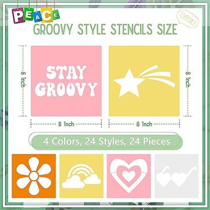 Henoyso 24 Pcs Boho Groovy Peace Stencil for Kids 8 Inch Reusable Templates | Plastic, Drawing Painting Templates, Heart, Rainbow, Love Peace, Yellow, Pink, Wood Paper Scrapbook, Wedding DIY Art Crafts - style: Peace Style