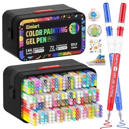 216 Pack Acrylic Gel Pens for Coloring with 50% More Ink & 1mm Bold Tip | Includes 144 Colors Gel Pens & 72 Colors Glitter Pens, Smooth Writing, No Bleed Ink for Black Paper, Journaling, Drawing