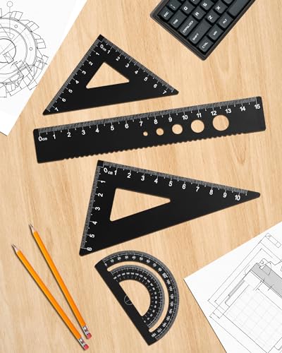 Honagu Triangular Ruler Set, 4 Pieces Aluminum Alloy Ruler, Metal Drafting Ruler, Geometric Protractor for Students, Draftsmen, Engineers, School Office Supplies (Black) - color: Black