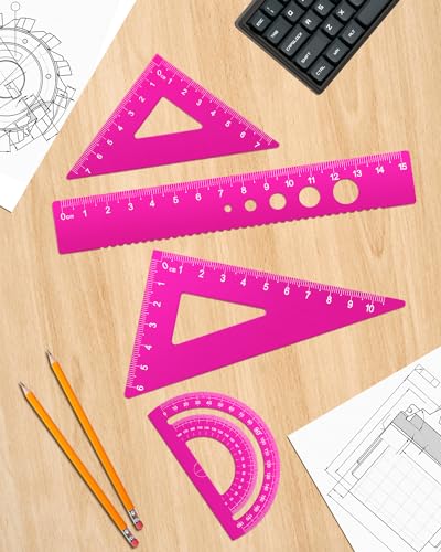 Honagu Triangular Ruler Set, 4 Pieces Aluminum Alloy Ruler, Metal Drafting Ruler, Geometric Protractor for Students, Draftsmen, Engineers, School Office Supplies (Pink) - color: Pink