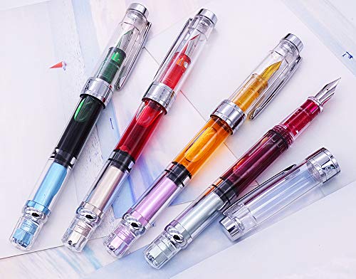 Lanxivi 4 x Yongsheng 3008 Fountain Pen Upgrated Fine Nib,Silver Trim,Piston Filling, Transparent - color: 3008 A Silver Trim F