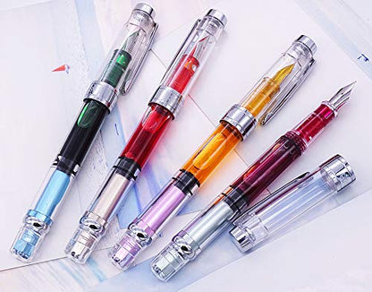 Lanxivi 4 x Yongsheng 3008 Fountain Pen Upgrated Fine Nib,Silver Trim,Piston Filling, Transparent - color: 3008 A Silver Trim F