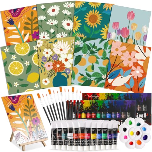 Cholemy 36 Pcs Paint and Sip Kit Gift for Adults 8''x10'',Flowering | Pre Drawn Canvas, Painting DIY Afro Acrylic Painting Kit, Wood Easel Brushes, Date Night Bulk, Summer Halloween Party - style: Flowering