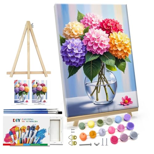ATDMS Paint by Numbers Kit for Adults Flowers Paint by Number with Frame Hydrangea Paint by Number with Easel DIY Floral Oil Painting by Numbers for Gift Home Wall Decor 8x12 Inch - color: Flower 266