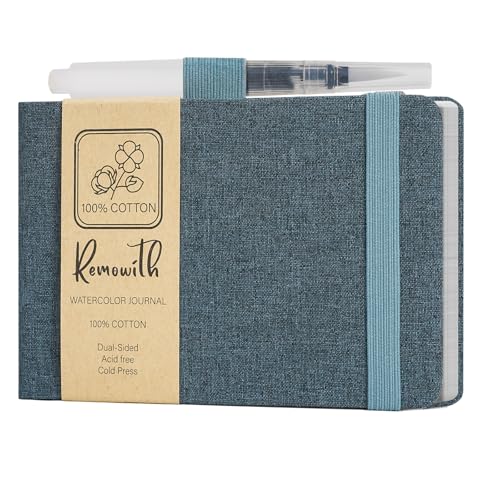 Watercolor Journal Sketchbook 3.5x5.5 24 Sheets Navy Blue | Cotton paper, 140 LB 300 GSM, Linen cover, Tap Water Pen, Travel sketching - color: Navy Blue, size: 3.5x 5.5 Inch