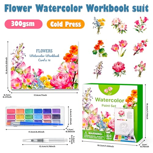 Beautiful Watercolor Book for Beginners, Water Coloring Book with 300GSM Paper, Glitters Colors Watercolor Paint Set with Brush, Watercolor Paint Book for Adults (Flower) - color: Flower