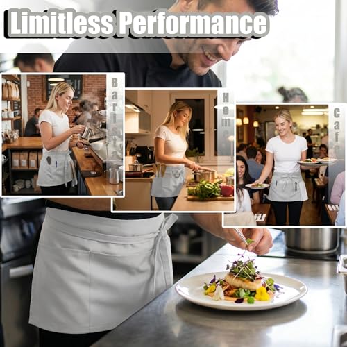 TOSHE Waist Apron 3 Pockets Waterdrop Resistant Cotton Server,Chef,Waitress - color: Gray