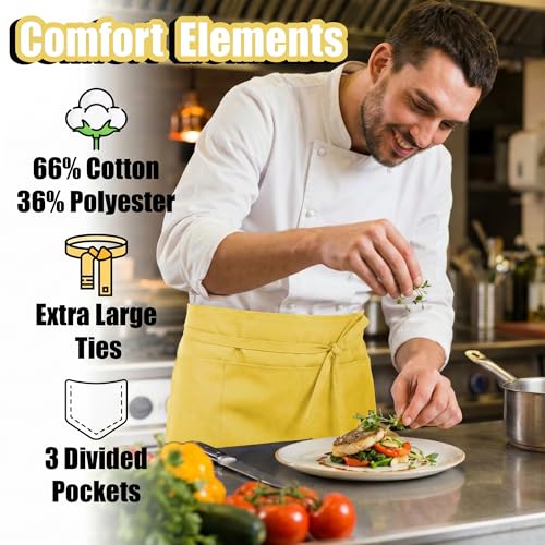 TOSHE Waist Apron 3 Pockets Waterdrop Resistant Cotton Server,Chef,Waitress - color: Yellow