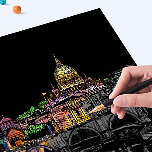 4-Sheet Rainbow Scratch Art with Tools for Adults & Teens, A4 Landmarks - color: Scenic Spots