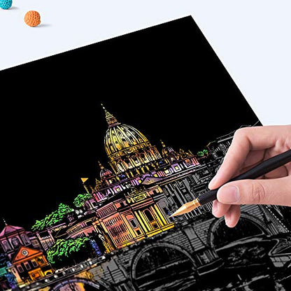 4-Sheet Rainbow Scratch Art with Tools for Adults & Teens, A4 Landmarks - color: Scenic Spots