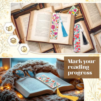 Reallnaive 42 Pcs Wooden Flower Bookmarks DIY Painting Set Includes 15 Unfinished Blank Bookmarks 15 Tassels 12 Markers for Flower Gift Arts Craft Party for Adults Hobby - style: Flower