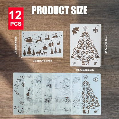 12 Pcs Christmas Snowman Tree Deer Stencils for Painting Stencil Template Merry Christmas Reusable Furniture Cake Decorative Stencils Borders for DIY Wood Craft Canvas Fabric - style: Christmas Theme