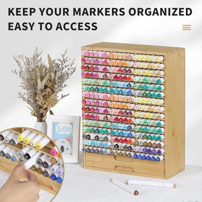 AUTOARK Bamboo Marker Organizer for 225 Markers,AHK-063 | Desktop Storage with Drawers,Art Markers Pens Pencils Brushes,Stationary Organizer - size: 225 Markers