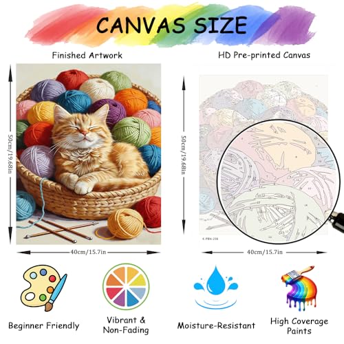 TFIAVSIN Cat Sleeping in Basket Paint by Numbers Kit for Adults - Adorable Pet & Hobby Theme Adult Paint by Number Kits on Pre-Printed Canvas for Relaxing Arts & Crafts - 16x20 Inch - color: Cat