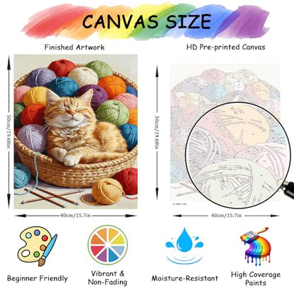 TFIAVSIN Cat Sleeping in Basket Paint by Numbers Kit for Adults - Adorable Pet & Hobby Theme Adult Paint by Number Kits on Pre-Printed Canvas for Relaxing Arts & Crafts - 16x20 Inch - color: Cat