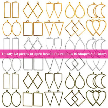Shynek 60Pcs Hollow Frame Pendants - Resin Craft Bezels Jewelry Molds for Necklaces and Earrings Making Supplies