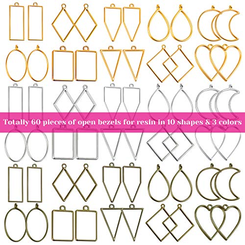 Shynek 60Pcs Hollow Frame Pendants - Resin Craft Bezels Jewelry Molds for Necklaces and Earrings Making Supplies