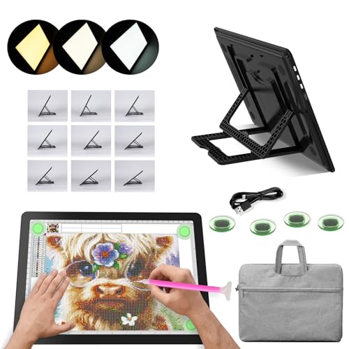 YINGWOND Rechargeable A4 Diamond Art Light Board/Pad with Padded Case | Built-in Adjustable Stand,6 Levels Brightness,7100LUX,Side Buttons,Magnetic Clip,3 Light Colors,Portable,for Tracing Drawing - size: A4 with Bag