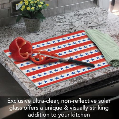 CounterArt Stars & Stripes 3mm Tempered Glass Cutting Board 12" x 15" | Serving Board, Charcuterie Board - color: Stars & Stripes
