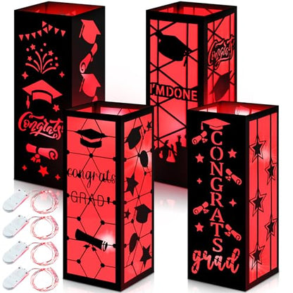 Feifeiya 4 Pcs 2026 Graduation Table Centerpieces Boxes Class of 2026 Graduation Table Lanterns with LED String Lights for Congrats Grad School College Party Supplies, 10.63 x 3.94 Inches(Red) - color: Red