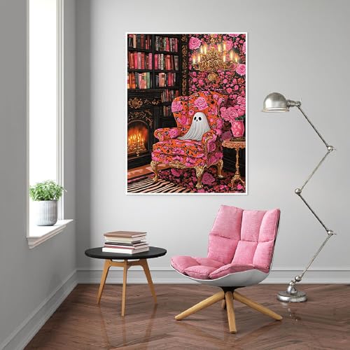 Eiazuiks Halloween Stamping Cross Stitch Kit, Halloween Counting Cross Stitch Kit for Adult Beginners, Full Line DIY Stitching Kit for Home Decor Cross Stitch Patterns Ghost 12x16 inches - color: Ghost Pink