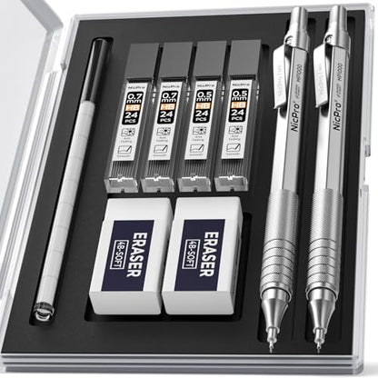 Nicpro 2 PCS Metal Mechanical Pencil 0.5mm & 0.7 mm with Case | MP1000 Pencil Set with 4 Tubes HB Lead Refills, 2 Eraser, 9 Eraser Refill For Art Writing Drafting, Sketch, College - Silver - color: Silver