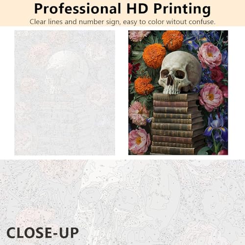 TUMOVO Adult Paint by Number Kit on Canvas Skull on Book | skull 16x20 inch unframed canvas with acrylic paints and 3 brushes, DIY gift for adults and relaxing DIY craft. - color: Skull