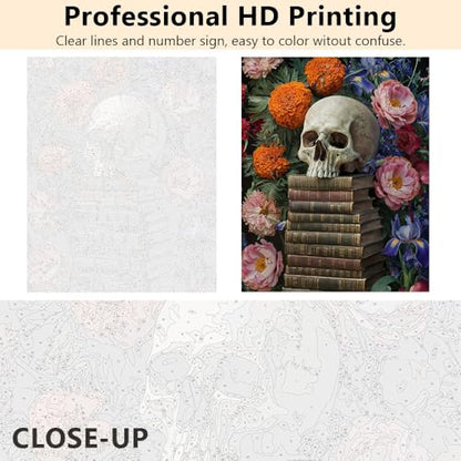 TUMOVO Adult Paint by Number Kit on Canvas Skull on Book | skull 16x20 inch unframed canvas with acrylic paints and 3 brushes, DIY gift for adults and relaxing DIY craft. - color: Skull