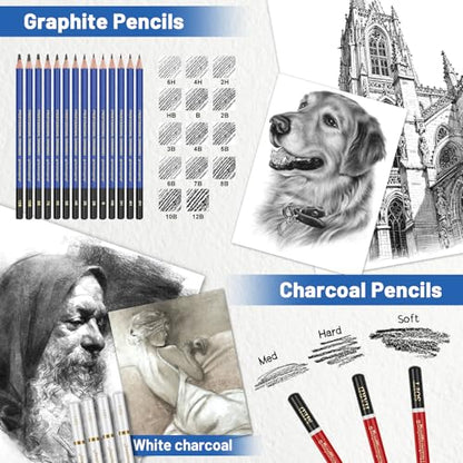 53 Pack Drawing Set Sketch Kit, Sketching Supplies for Drawing with Graphite, and Charcoal Pencils, Pro Art Drawing Kit for Artists Adults Beginner, Ideal for Shading, Blending