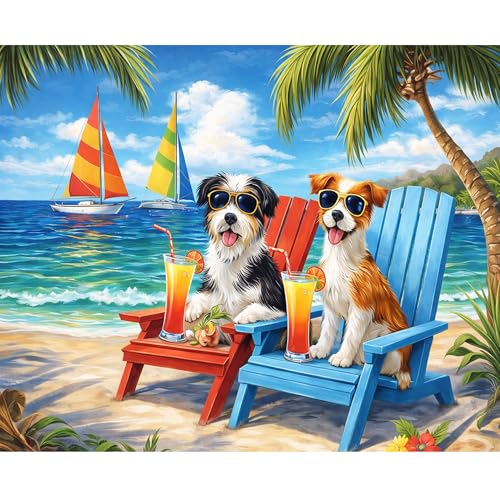 TOPCLTV Beach Dog Diamond Art Painting Kits for Adults, 5D Full Round Drill Funny Animal Gem Art with Sunglasses Dogs & Sailboat, Summer Diamond Dots Wall Decor for Beginners 12x16 Inch - color: HS034-1