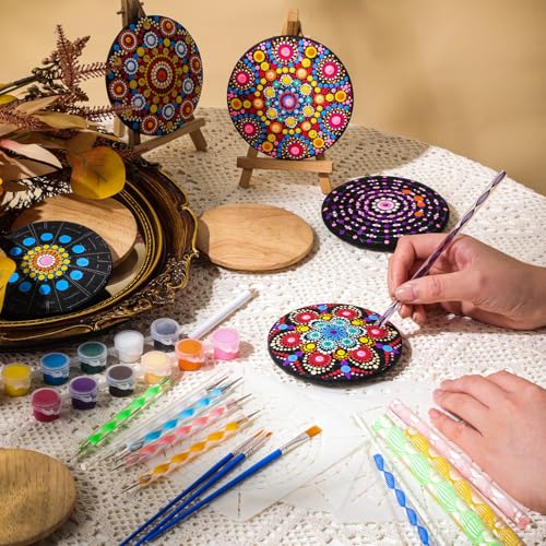 Potchen 10 Pcs Mandala Rock Painting Kit Mandala Dotting Tools Kit Wooden Rocks Dot Paint Stencils Tool Set for Adults Arts Drawing Home Decor Activity DIY Mothers Day Gift