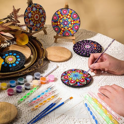 Potchen 10 Pcs Mandala Rock Painting Kit Mandala Dotting Tools Kit Wooden Rocks Dot Paint Stencils Tool Set for Adults Arts Drawing Home Decor Activity DIY Mothers Day Gift