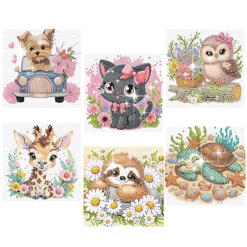 ajepon 6 Pack Animal Diamond Art Kits for Kids, Cute Animals Diamond Art for Kids Ages 8-12, Cat Dog Turtle Sloth Giraffe Owl Diamond Painting Kits for Kid for Gift Home Wall Decor (6x6inch) - color: 6DXZ106