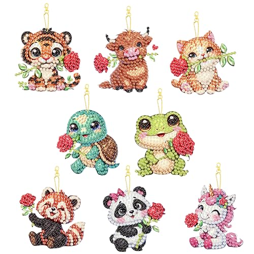 Masendp 8 Piece 5D DIY Animal Diamond Painting Double Sided Keychain Set, Flower Diamond Pendant Hanging Animal Art Decoration for Adult Beginner Pack Birthday Family Party Decoration - color: Multiple animals, size: Animals