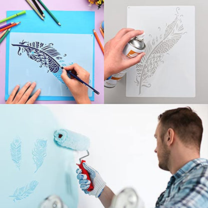 6 Pieces Decorative Mandala Feather Stencil Reusable Mandala Painting Templates Beautiful Stencils Metal Open Ring for Painting on Wood Wall Decor