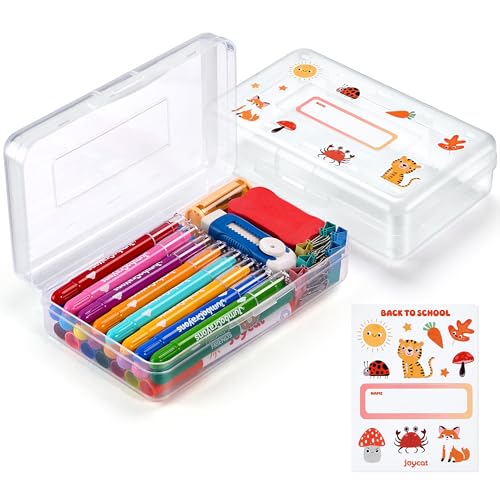 GAMENOTE Plastic Pencil Box with Personalized Sticker,Kid Hard Pencil Case with Snap-tight Lid,Small Art Craft Storage Containers,School Supplies Box for Boys,Girls (Clear) - color: Clear