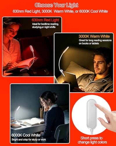 630nm Red Book Light for Reading at Night - Zero Blue Light, Dimmable Reading Lights for Books in Bed, LED Book Lamp Clip on, Gift for Students Parents Nurse Studying Travel (2 Pack) - size: White-2 Pack