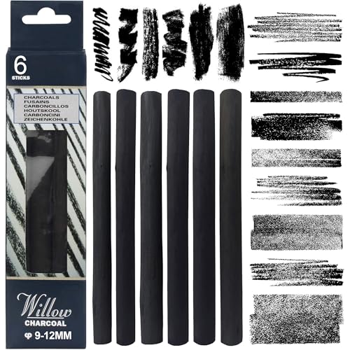 Willow Charcoal Sticks, Jumbo Willow Charcoal Pencils for Artists, Beginners, Students, Natural Charcoal Stick for Sketching, Drawing, and Shading (9-12MM | 6 Sticks) - style: 9-12MM | 6 Sticks