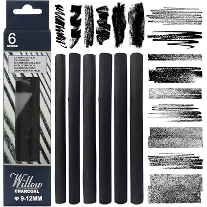 Willow Charcoal Sticks, Jumbo Willow Charcoal Pencils for Artists, Beginners, Students, Natural Charcoal Stick for Sketching, Drawing, and Shading (9-12MM | 6 Sticks) - style: 9-12MM | 6 Sticks