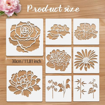 8 Pcs Large Flower Stencils for Painting, 11.81 X 11.81 Inch Flower Stencils for Crafts Reusable, Wood and Wall Stencils for Painting Large Pattern, DIY Templates Holiday Wall Paper (A) - style: A