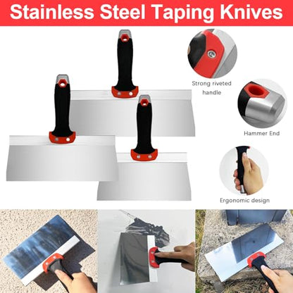 Drywall Knife 3pcs/Set, Stainless Steel Taping Knives Kit | Includes 8'', 10'', 12'' Tools, Perfect for Drywall Joint Taping, Finishing & Patching - color: Black - E Set