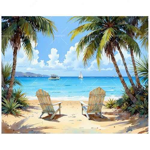Tropical Beach Paint by Numbers Kit for Adults - DIY Seaside Chairs with Palm Trees and Boats Painting on Canvas, Acrylic Paint Set for Beginners, Art for Home Decoration or Gifts(8X12IN Framed) - color: HSX00406, size: 8X12IN Framed