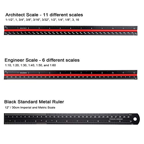 OwnMy 3 Pack 12 Inch Solid Aluminum Triangular Architect Scale Ruler Set | 3-Colors-Groove Architectural and Engineer Scale Metal Ruler Set, Clear Scales Drafting Rulers for Engineer Blueprint Project - style: Imperial Scale