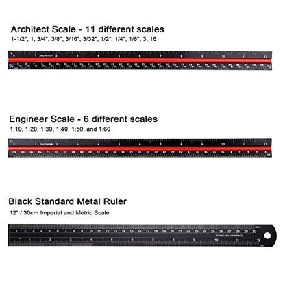 OwnMy 3 Pack 12 Inch Solid Aluminum Triangular Architect Scale Ruler Set | 3-Colors-Groove Architectural and Engineer Scale Metal Ruler Set, Clear Scales Drafting Rulers for Engineer Blueprint Project - style: Imperial Scale