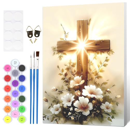 HEIBAGO Framed Paint by Numbers Kit Religious Cross for Adults, Paint by Numbers for Adults Beginner,Adult Paint by Number Kits Christ on Canvas,DIY Painting by Numbers for Gift Home Wall Decor 8x12In - color: Cross