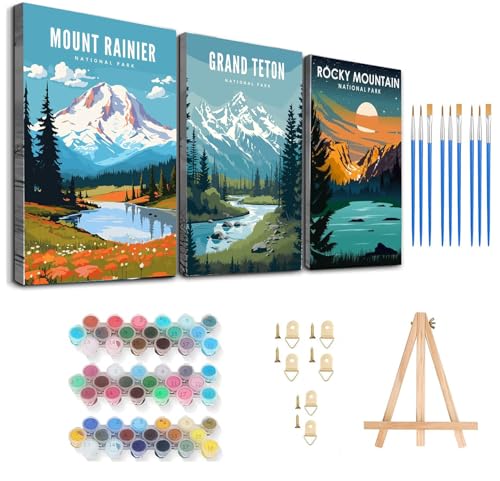 HOIYLDS 3 Pack Paint by Number for Adults Framed Canvas, National Park DIY Arts and Crafts for Adults Beginner with Wooden Easel, Paint Brushes, Acrylic Paint Set for Home Wall Decor, 9 * 12 Inch - color: LD008