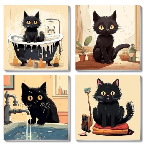 Funny Black Cat Paint by Numbers Kit for Adults Beginners, 4 Pack Cute Cat Easy Framed Adults Paint by Numbers Kits, DIY Black Cat Acrylic Oil Painting Number Kits for Home Wall Decor (8 x 8 Inch) - color: BKH1236-BKH1237-BKH1238-BKH1239-US