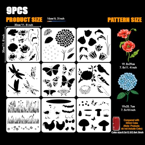 FINGERINSPIRE 9 Pcs Layered Animals and Plants Painting Stencil with Brush 11.8x11.8inch Butterflies Dragonflies Chickens Birds Drawing Template Tulips Hydrangeas Grass Mushrooms DIY Stencil - style: Layered Animals and Plants
